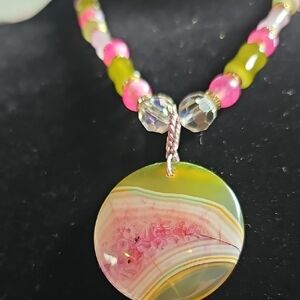 Pastel Pink and Green Beaded Necklace with Swirl Pendant